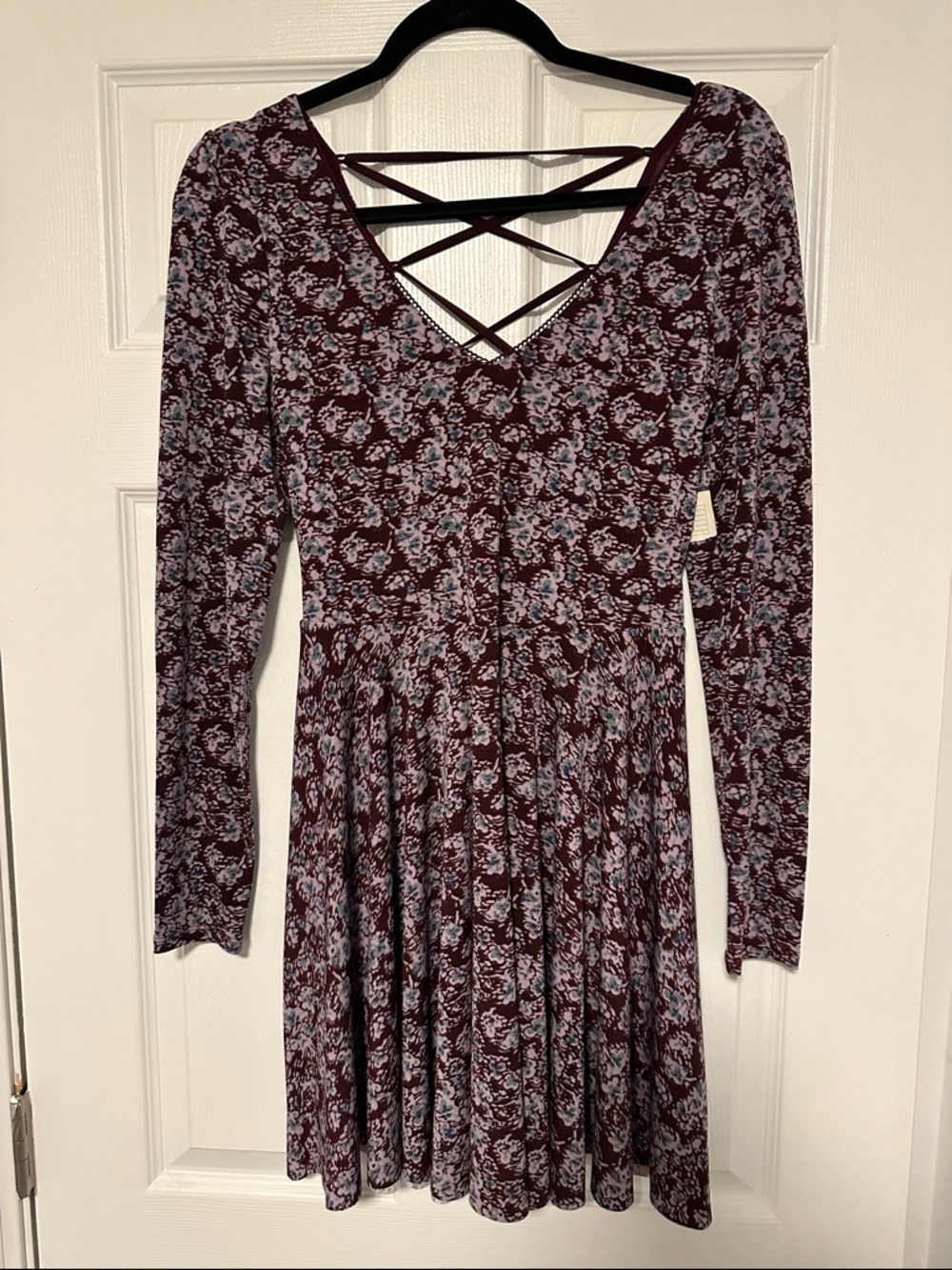 Urban Outfitters Maroon Floral Long-Sleeve Crisscross Fit-and-Flare Dress